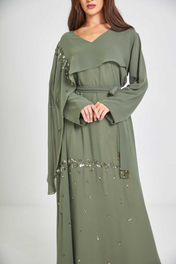 Olive Embroidered Chiffon Caftan with Shawl Sleeve