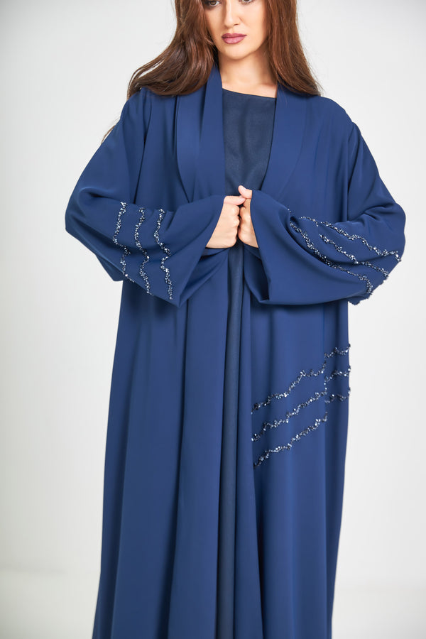 Navy Blue Elegant Abaya with Crystal Work on Sleeves and Panel by ZAAL