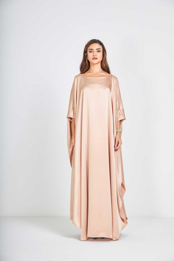 Peach Metallic Caftan with High Slits Paired with Matching Palazzos