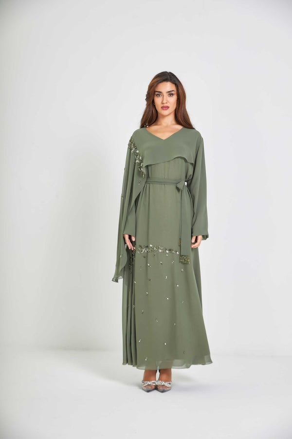 Olive Embroidered Chiffon Caftan with Shawl Sleeve