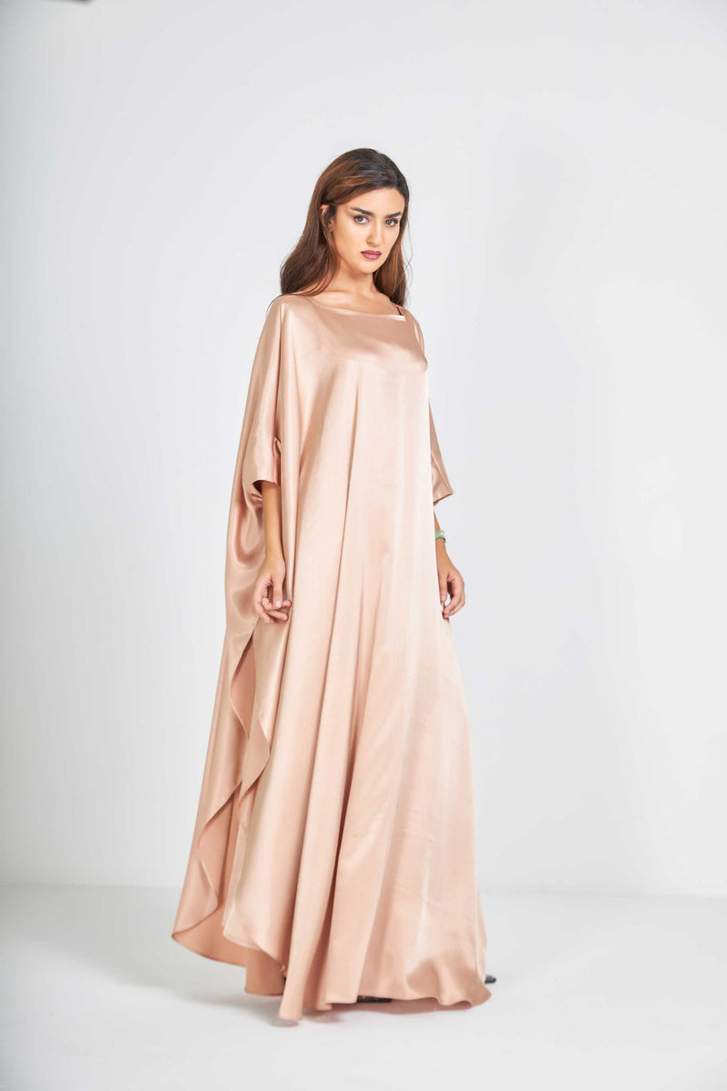 Peach Metallic Caftan with High Slits Paired with Matching Palazzos