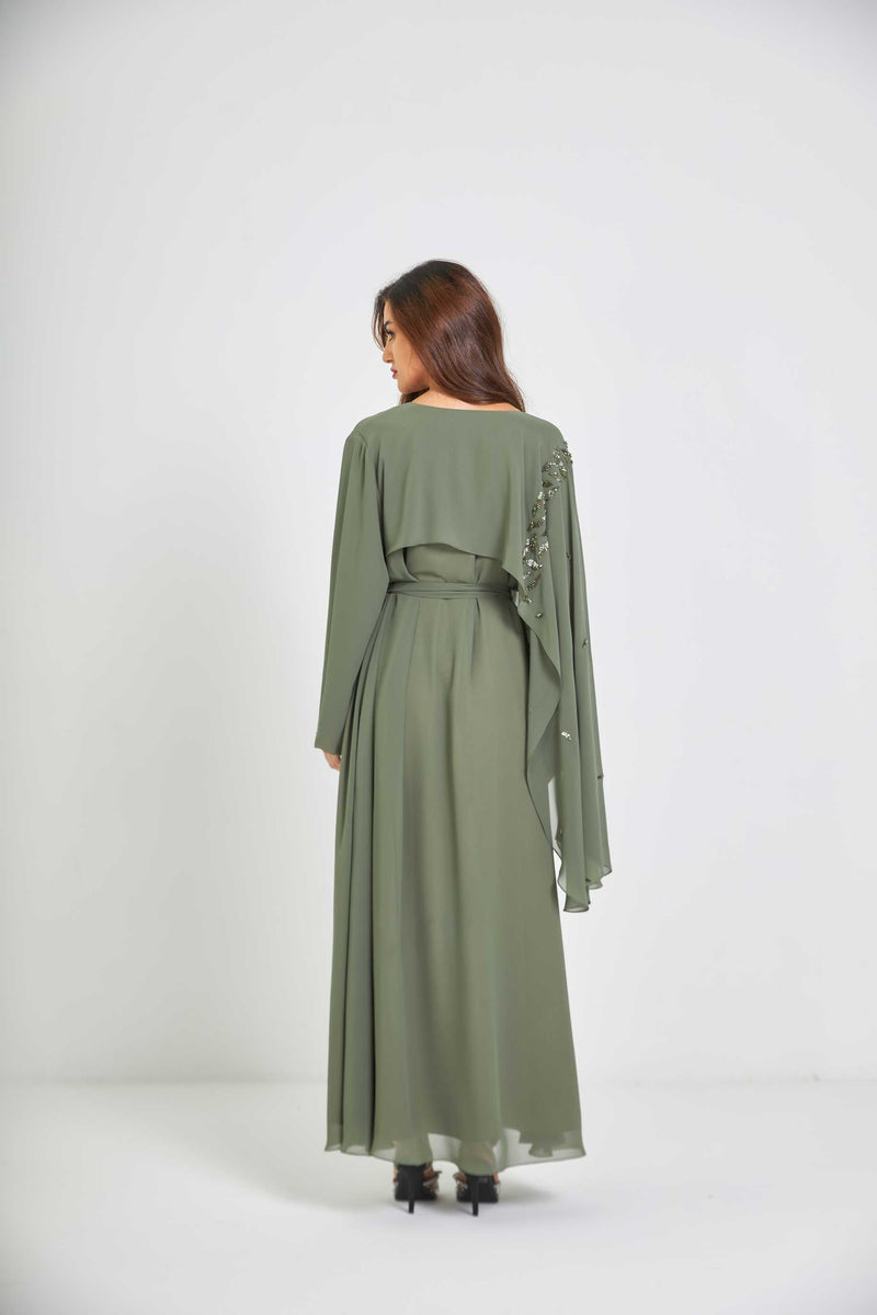 Olive Embroidered Chiffon Caftan with Shawl Sleeve