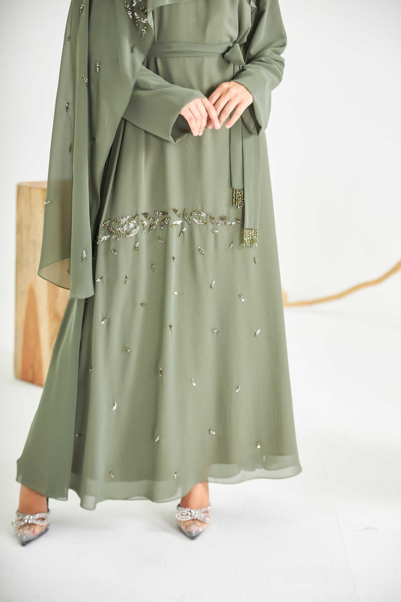 Olive Embroidered Chiffon Caftan with Shawl Sleeve