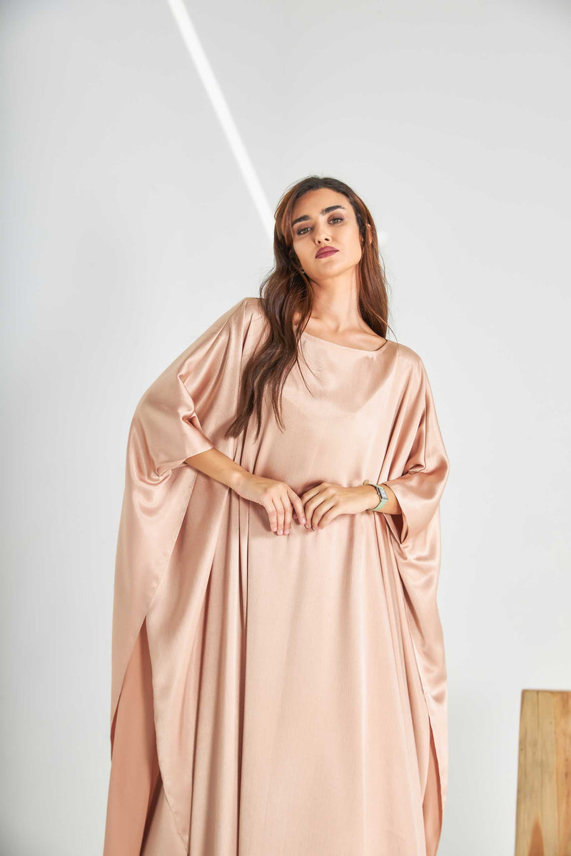 Peach Metallic Caftan with High Slits Paired with Matching Palazzos