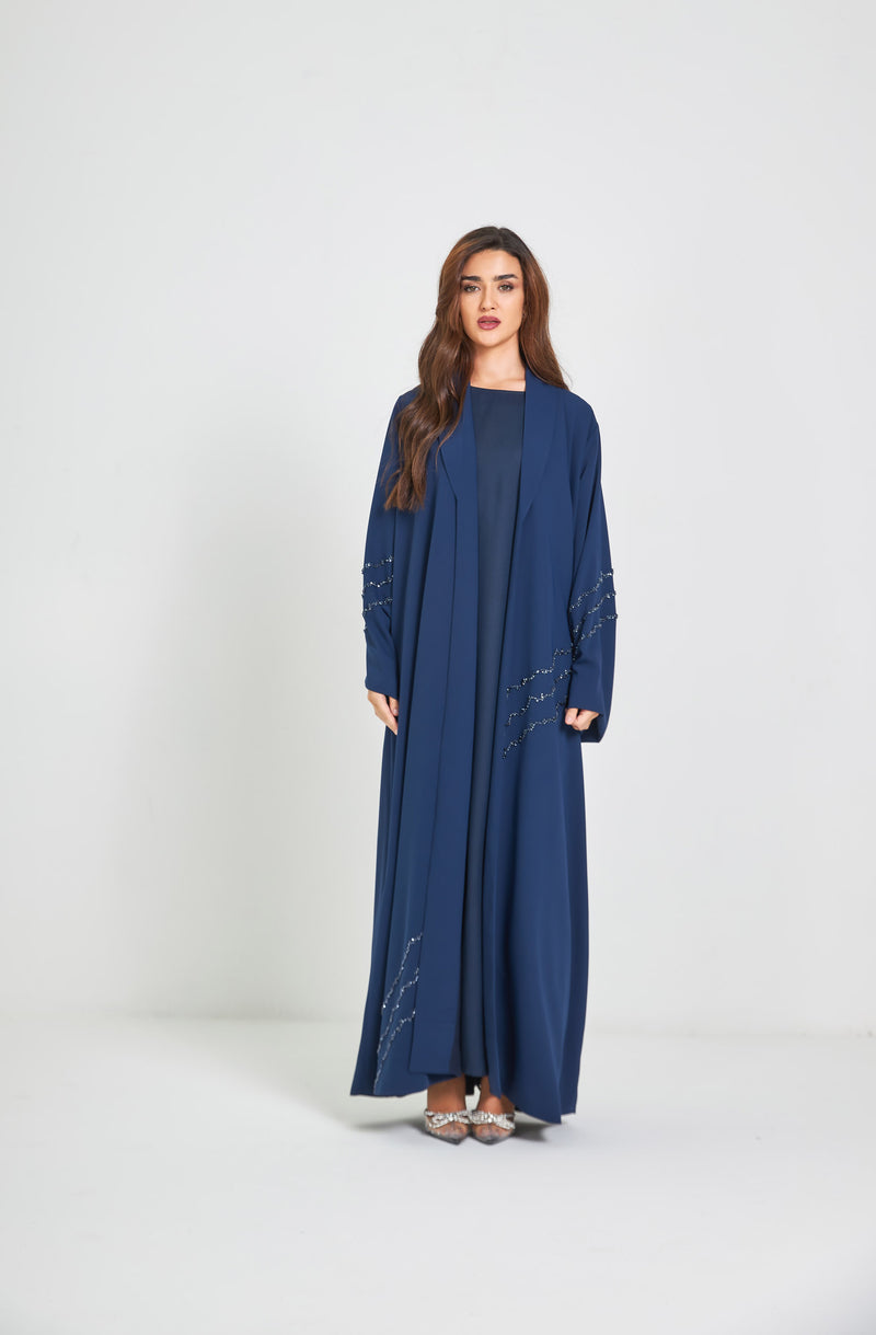 Navy Blue Elegant Abaya with Crystal Work on Sleeves and Panel by ZAAL