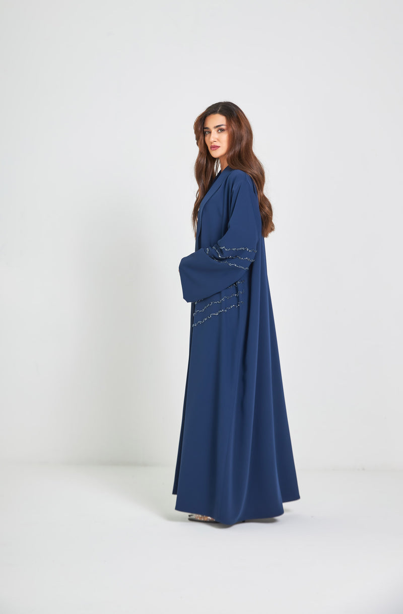 Navy Blue Elegant Abaya with Crystal Work on Sleeves and Panel by ZAAL