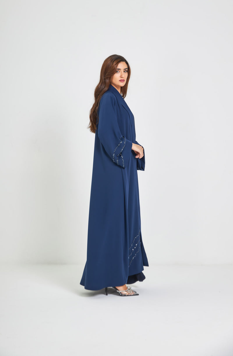 Navy Blue Elegant Abaya with Crystal Work on Sleeves and Panel by ZAAL