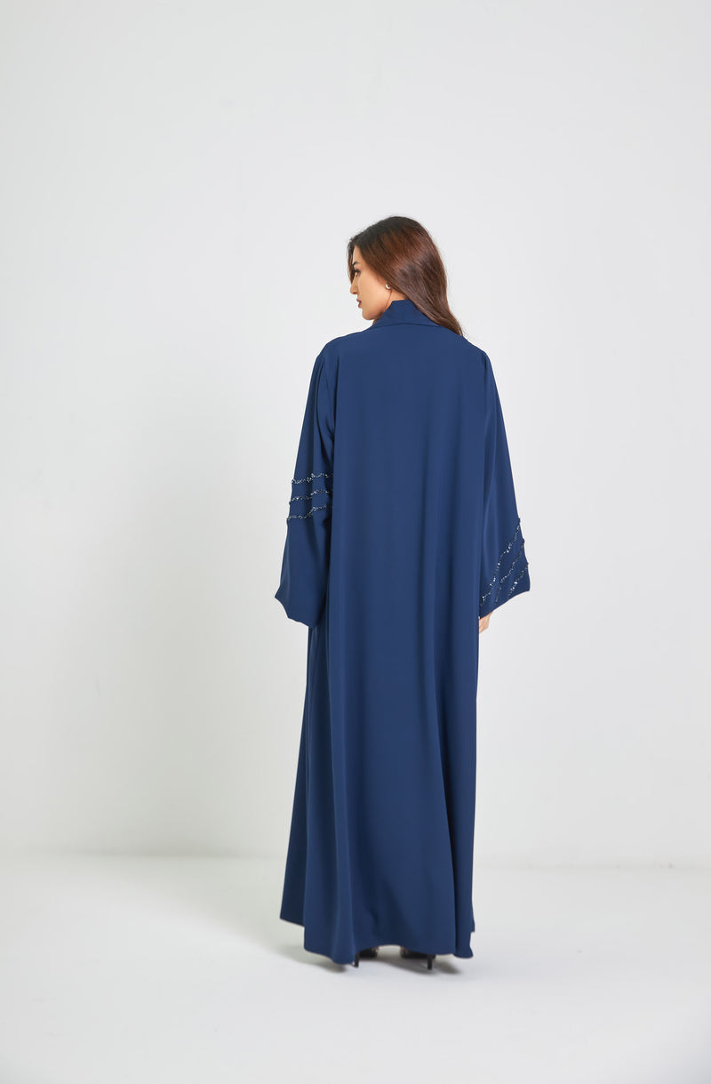 Navy Blue Elegant Abaya with Crystal Work on Sleeves and Panel by ZAAL