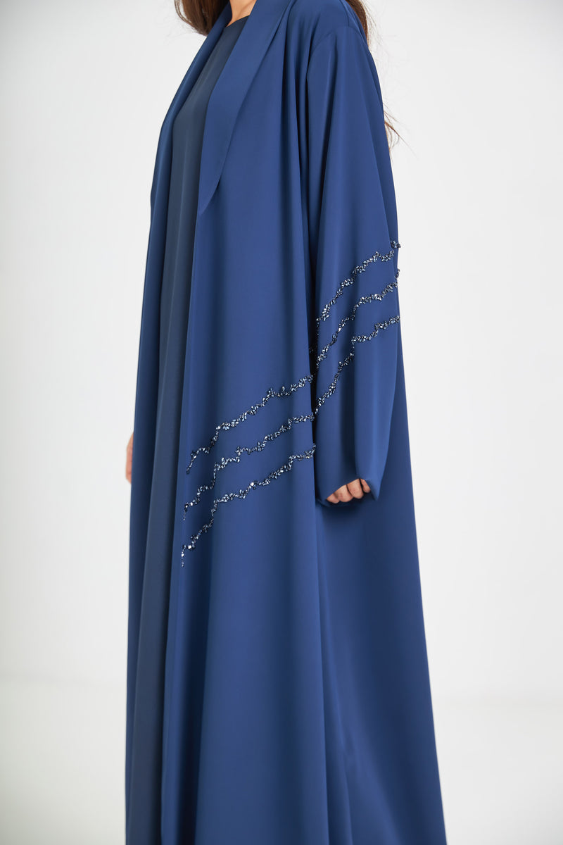 Navy Blue Elegant Abaya with Crystal Work on Sleeves and Panel by ZAAL