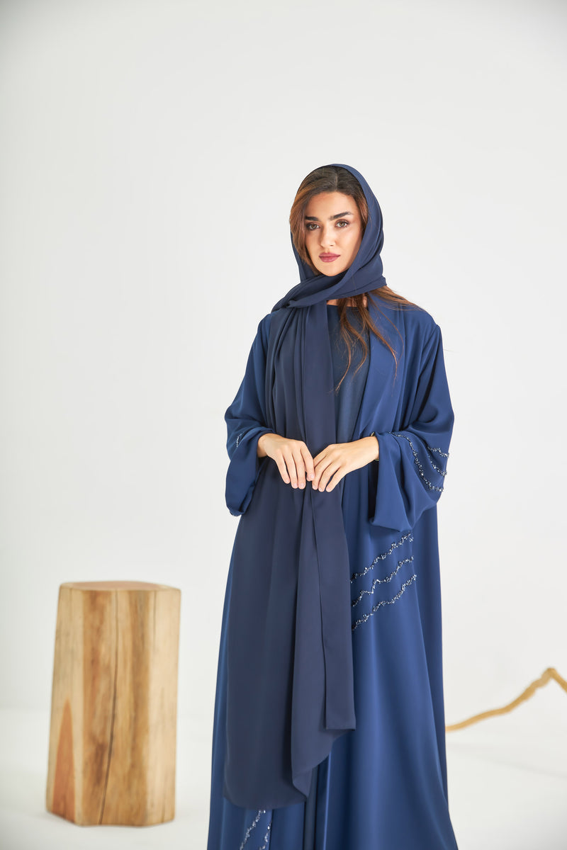 Navy Blue Elegant Abaya with Crystal Work on Sleeves and Panel by ZAAL