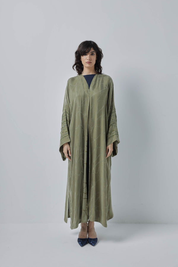 Loose Sleeve Fine Handwork Olive Green Abaya by ZAAL