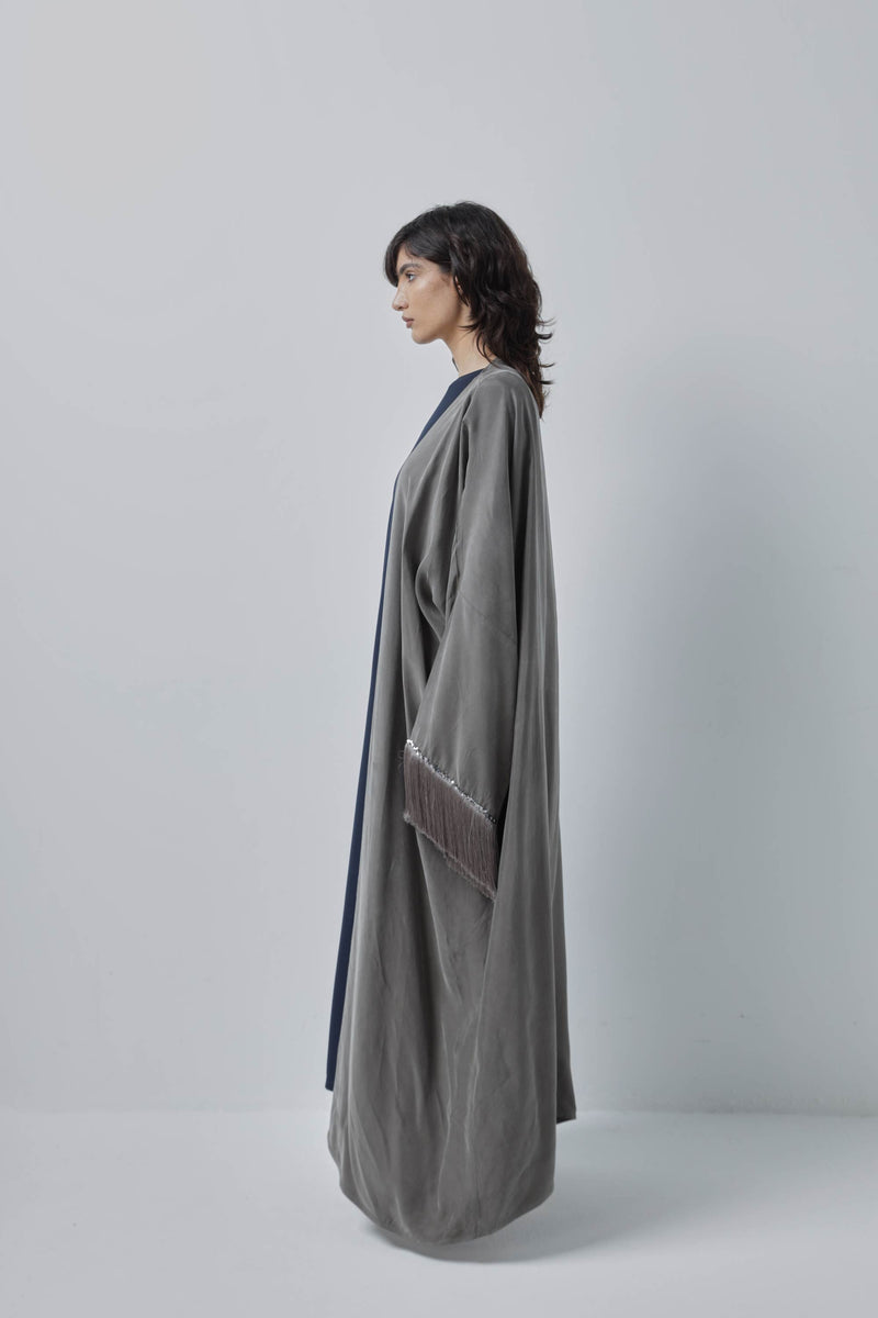 Hanging Thread Sleeve Grey Abaya by ZAAL