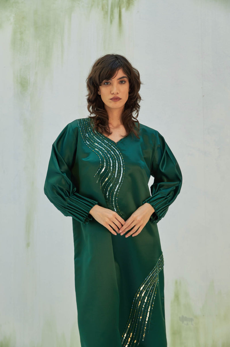 Emerald Luxurious Dress with Loop Sleeves, Sequential Beads Craft by Zahrah Othman