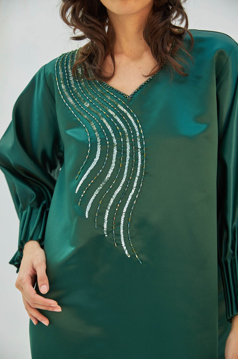 Emerald Luxurious Dress with Loop Sleeves, Sequential Beads Craft by Zahrah Othman