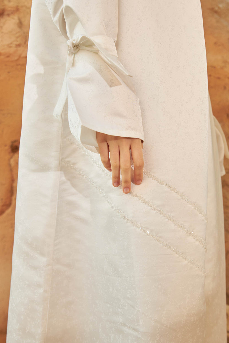 White Elegant Abaya with Crystal workmanship on Right Panel by ZAAL