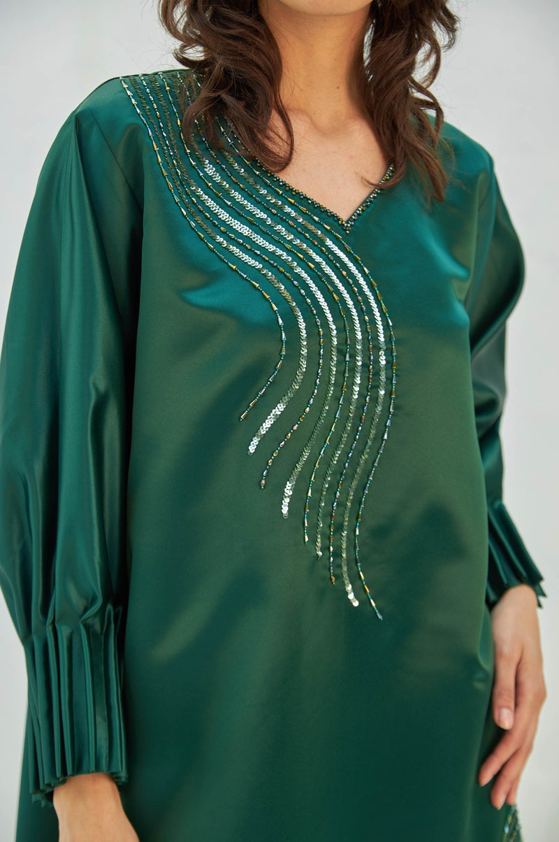 Emerald Luxurious Dress with Loop Sleeves, Sequential Beads Craft by Zahrah Othman