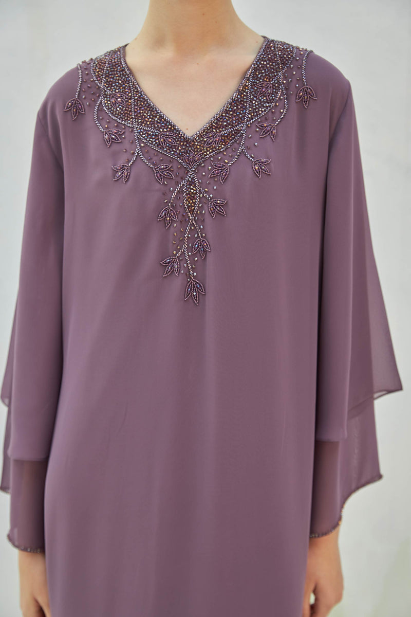 Lilac Jellabiya with Crystals and Glass pipework on the Neck by Zahrah Othman